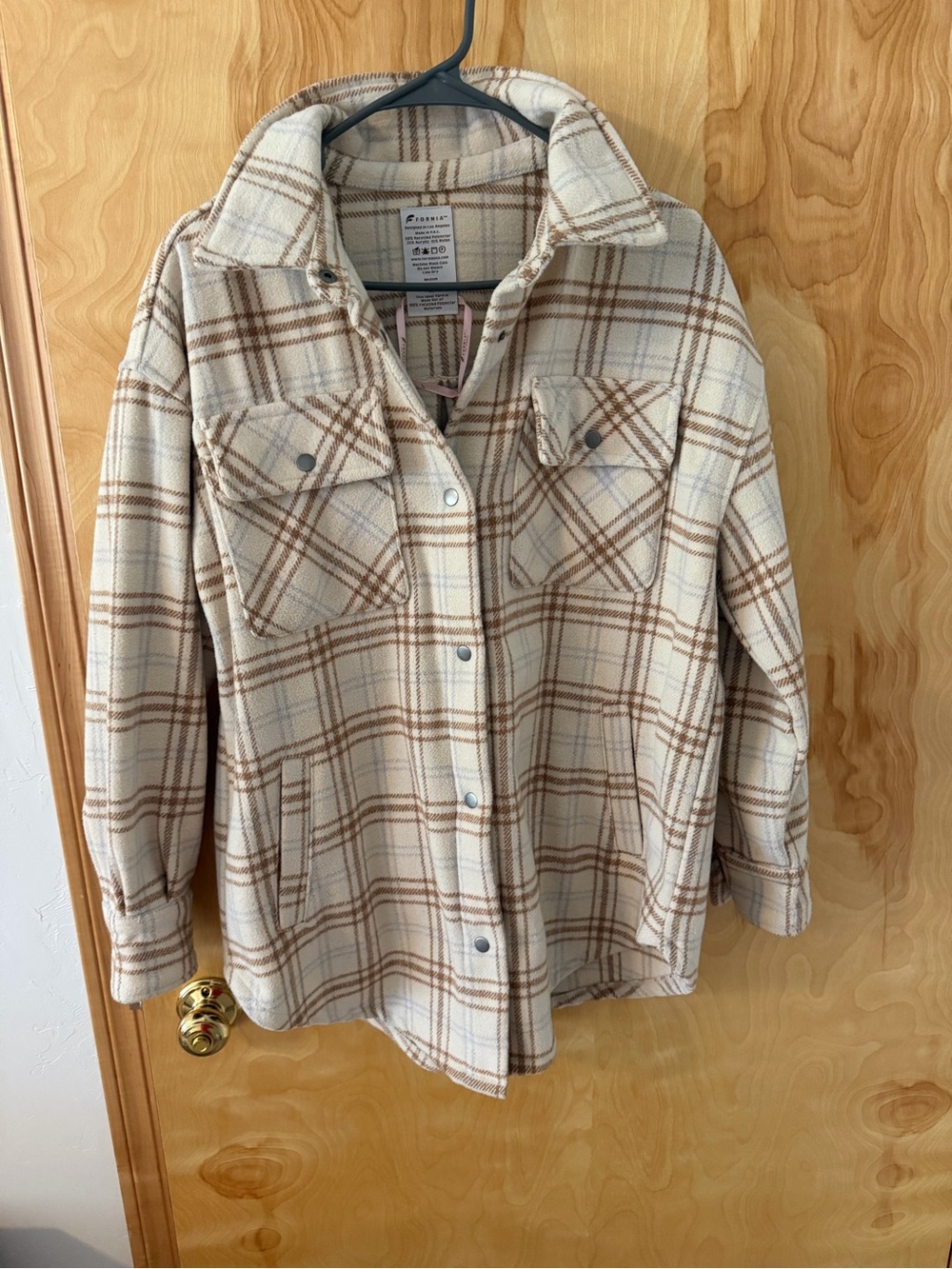 Plaid Cream and Brown Button-Down Shirt Jacket